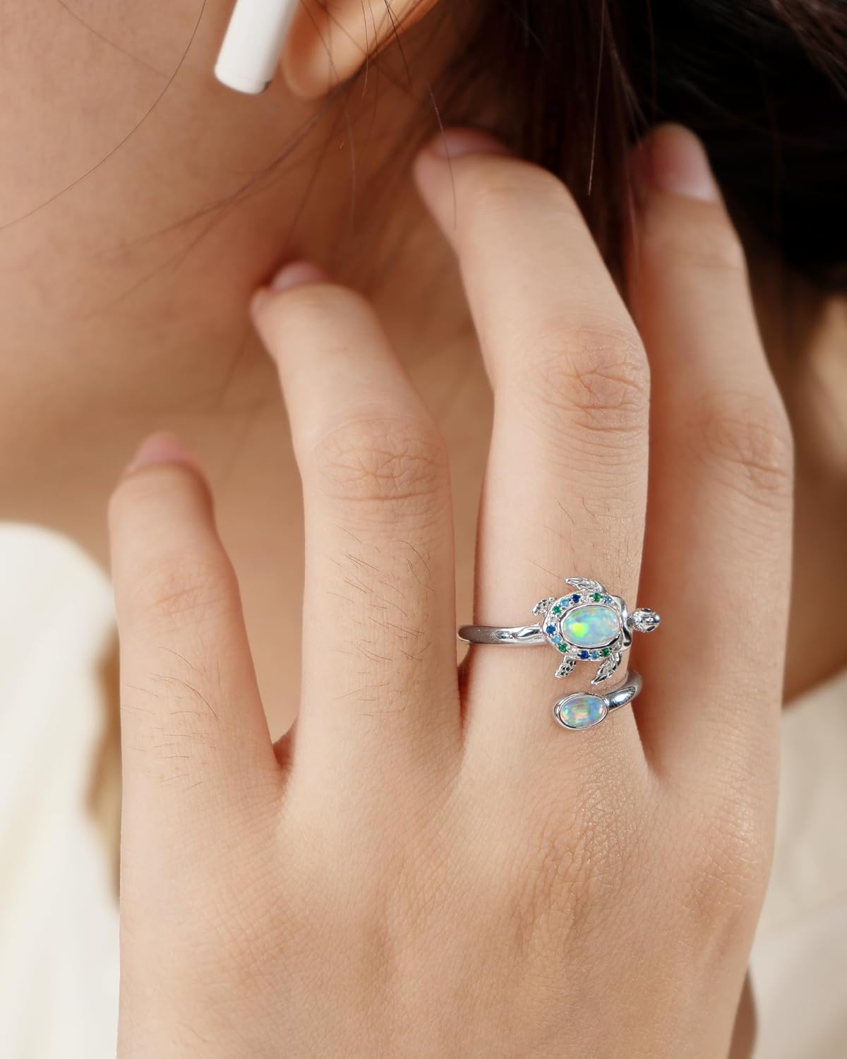 925-Sterling-Silver Opal/Turquoise Sea Turtle/Dolphin/Sea Life Ring - Inspirational I Love You Forever Adjustable Open Nature Ocean Mother Daughter Ring Cute Animal Jewelry Gifts for Women - Image 4