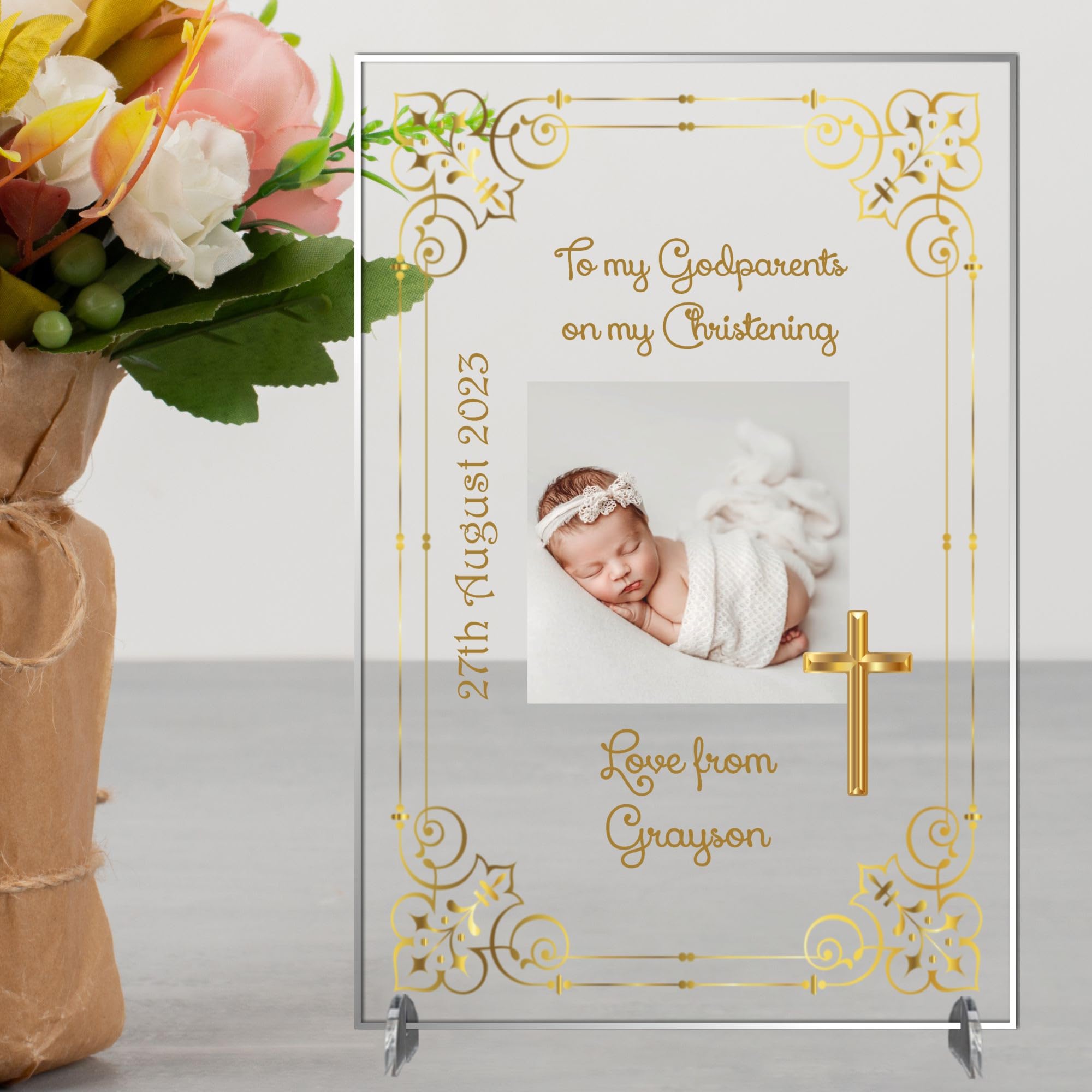 Personalised 'To My Godparents' Christening Photo Plaque | Unique Keepsake Gift | A4 or A5 Size | Customisable with Special Message | (Acrylic 21cm x 15cm, Gold)