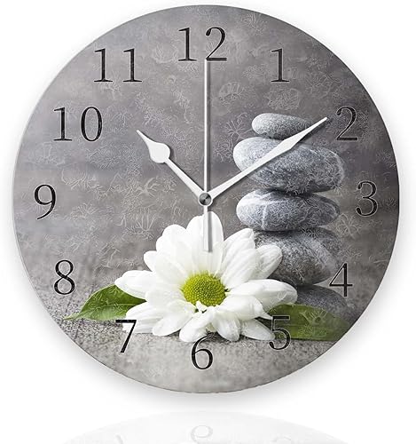 Relojes de pared a pilas de 12 pulgadas, piedra gris y flores, decoración silenciosa del hogar para baño, sala de estar, dormitorio