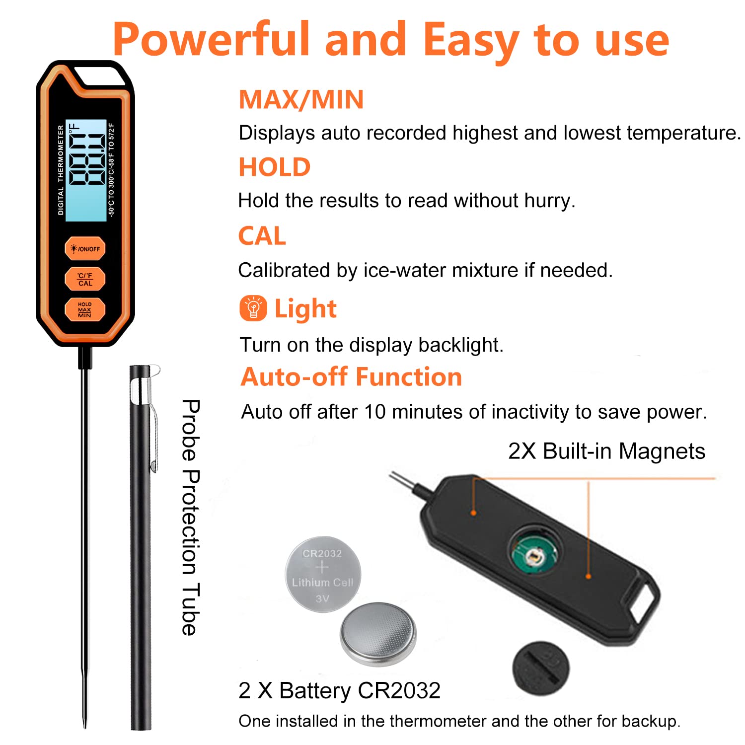 BOMATA T201A Thermometer showing buttons, probe protection tube, and battery compartment