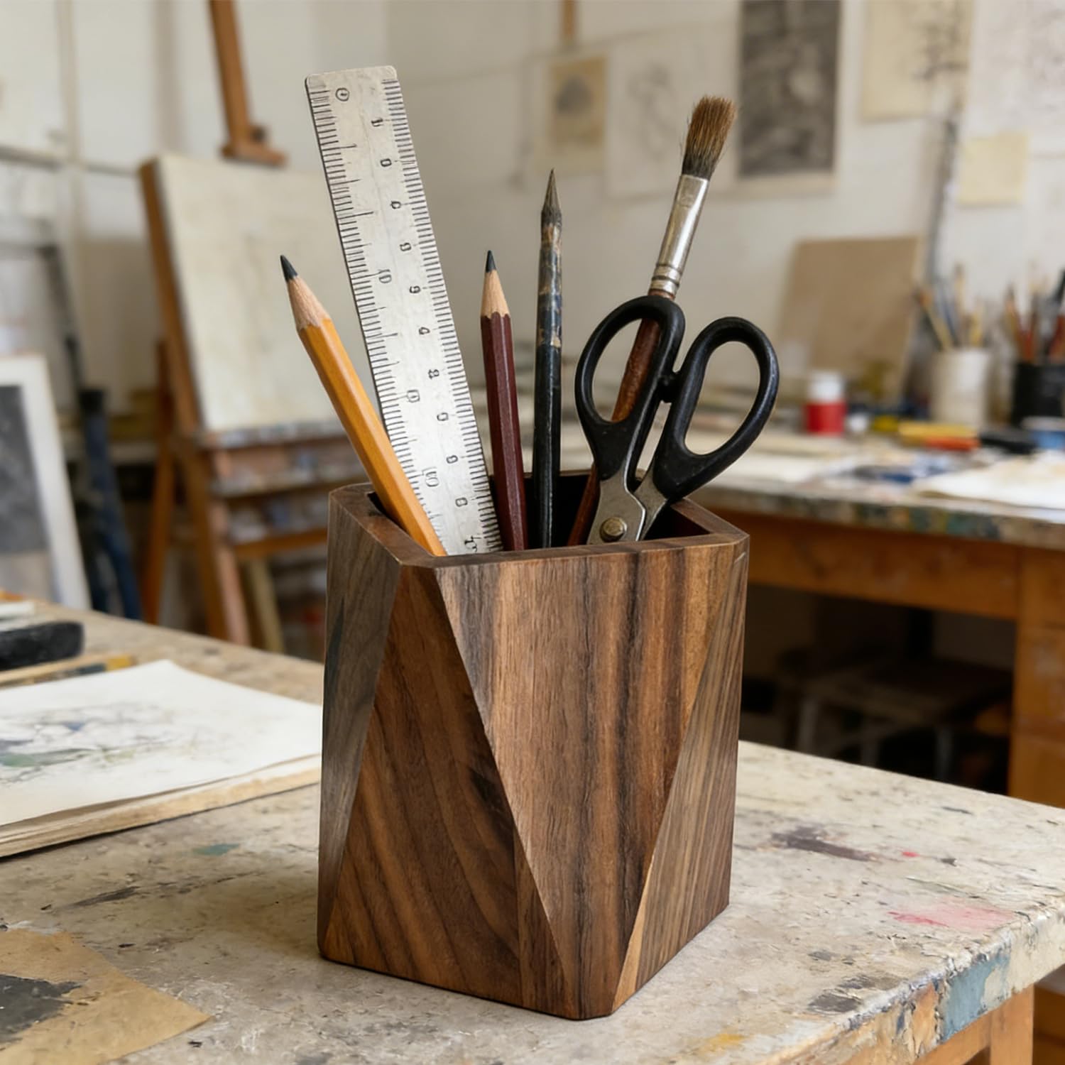 Portapenne da scrivania, in legno di noce nero, a forma prismatica, organizer per cancelleria, per uso multiplo, per ufficio e scuola