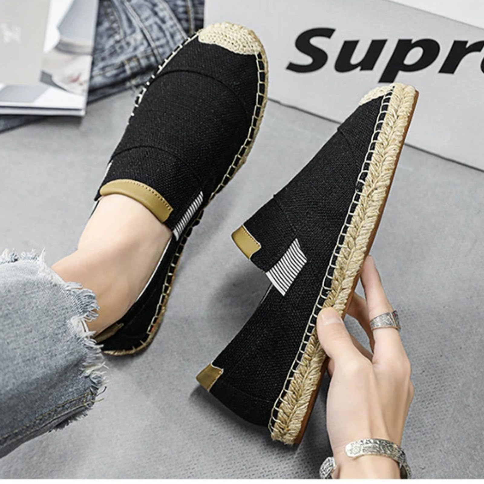 Scarpe Pescatore Uomo Estate Lino Senza Lacci Traspiranti(Nero,45) | Tessuto leggero favorisce il flusso d’aria garantiscono libertà al piede. Ideale per casa e brevi uscite all’aperto.