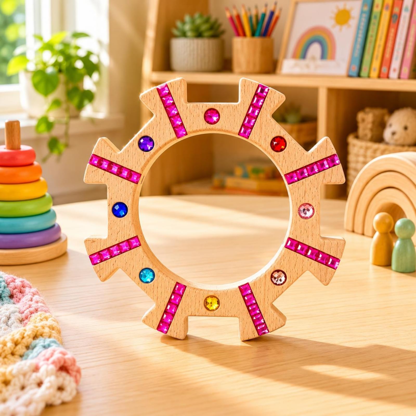 Blocchi Impilabili per Bambini Giocattolo in Legno Naturale Torre Puzzle Anelli con Inserti Acrilici Trasparenti Riconoscibile Adatto per, Rosa