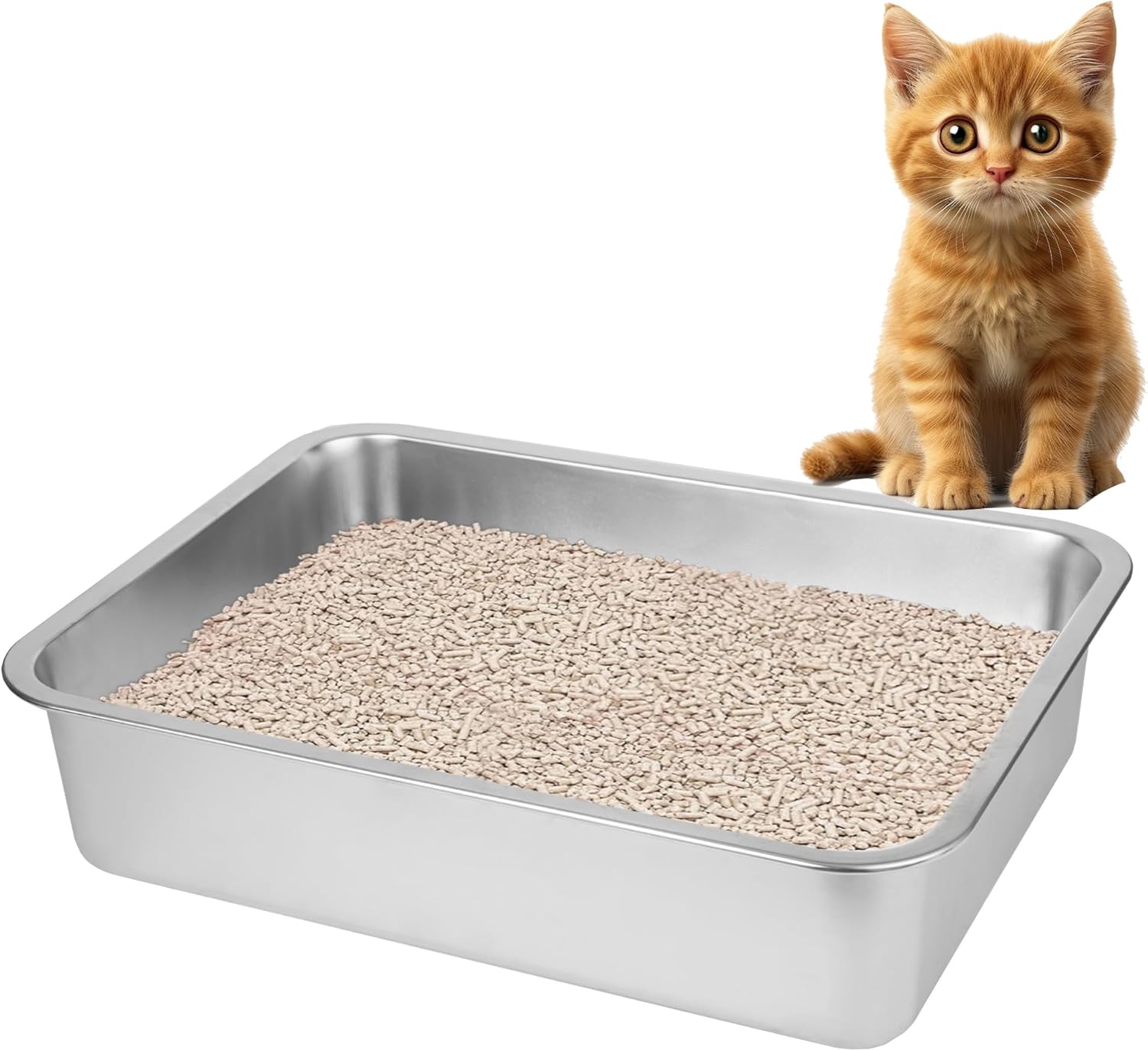 Stainless Steel Cat Litter Box for Big Cats,Small Stainless Steel,Large Metal Cat Litter Box-Easy to Clean.(17.5″ L x 13.6″ W x 4.1″ H).