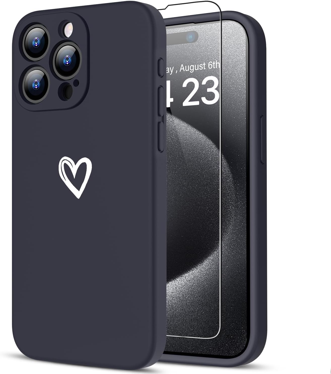 LUHOURI for iPhone 14 Pro Max Case with Screen Protector - Wireless Charging Compatible - Enhanced Camera Cover - Protective Silicone Phone Case with Cute Heart Design for Women 6.7" - Dark Blue