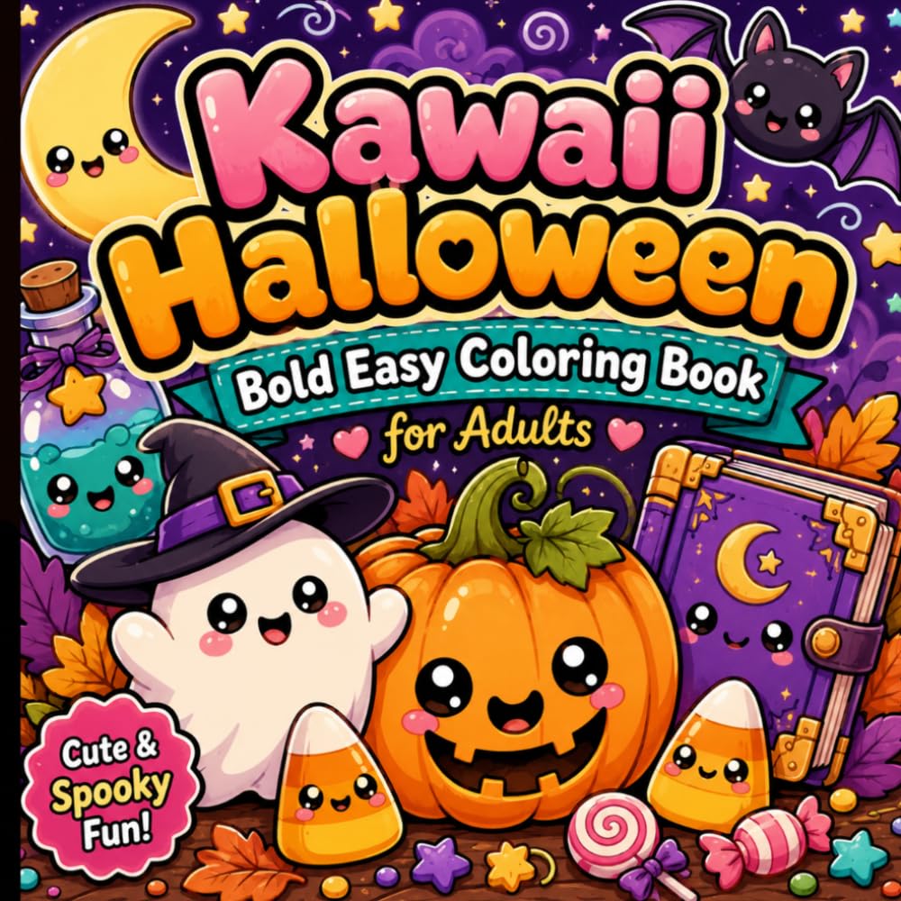Bold and Easy Kawaii Halloween Coloring Book for Adults: Cute Ghosts, Pumpkins, Candy, and Spooky Designs for Relaxing Coloring Fun.