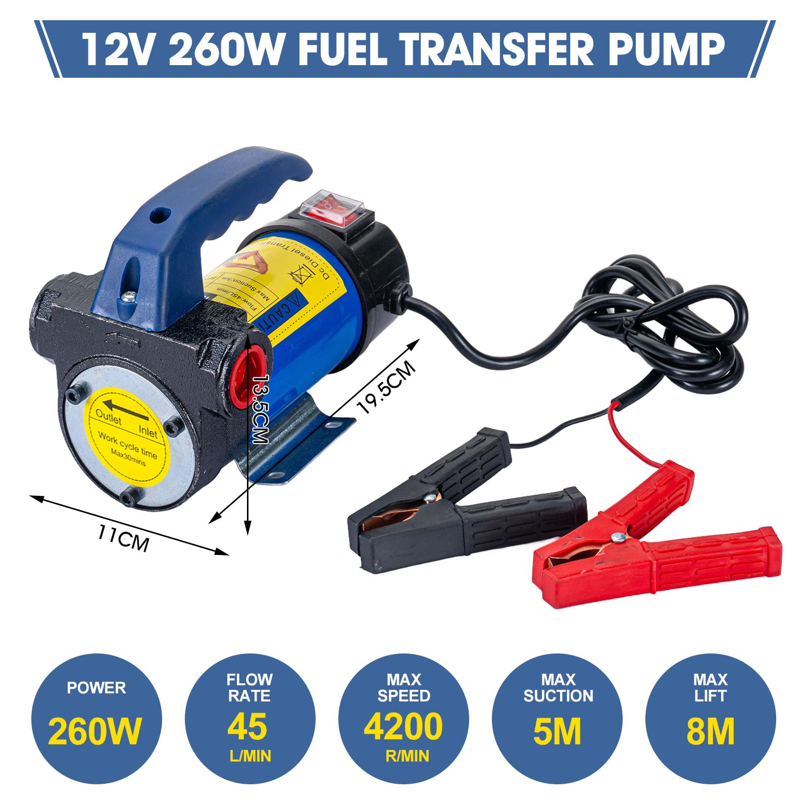 Pompa di trasferimento diesel 12V 260W Pompa di trasferimento del carburante elettrica 45L/Min Pompa di aspirazione dell'olio con motore in rame per il trasferimento di diesel, cherosene
