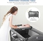 LIVINGbasics 4 in 1 Baby Playard with Diaper Changing Table | Adjustable Height of One Side Rail, Foldable, Baby Bassinet with Side Door