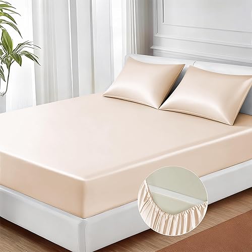 MR&HM Sábana bajera de satén tamaño individual, sábana inferior sedosa con correas elásticas en las esquinas, bolsillo profundo de hasta 15