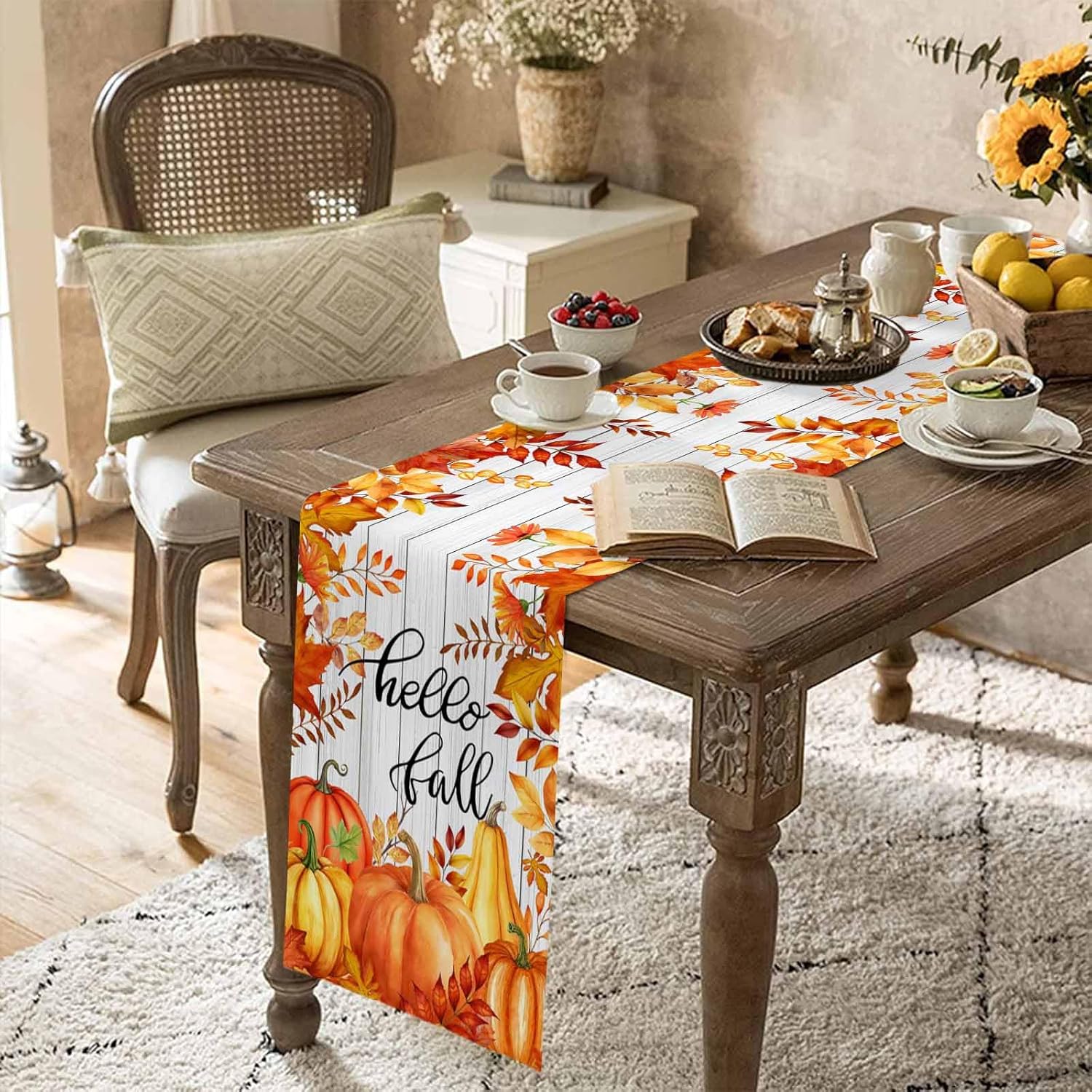 Hello Fall Pumpkin Table Runner Dresser Scarves, Thanksgiving Wood Texture 120 inches Long Dining Table Runner, Autumn Non-Slip Washable Table Setting Decor for Wedding Party Holiday Dinner