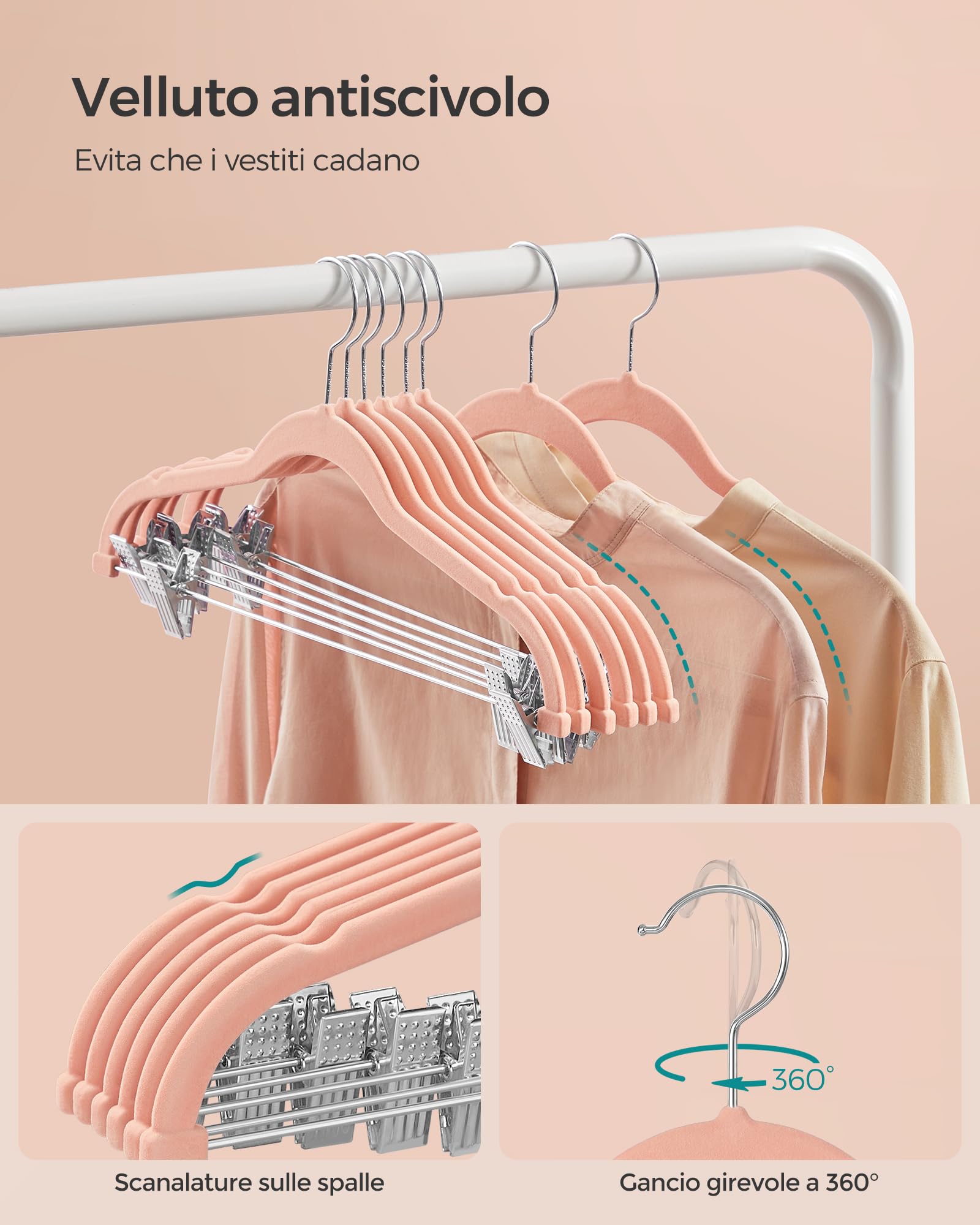 Appendiabiti in Velluto Nero con Pinzette Regolabili, Pantaloni, Cappotti, Abiti