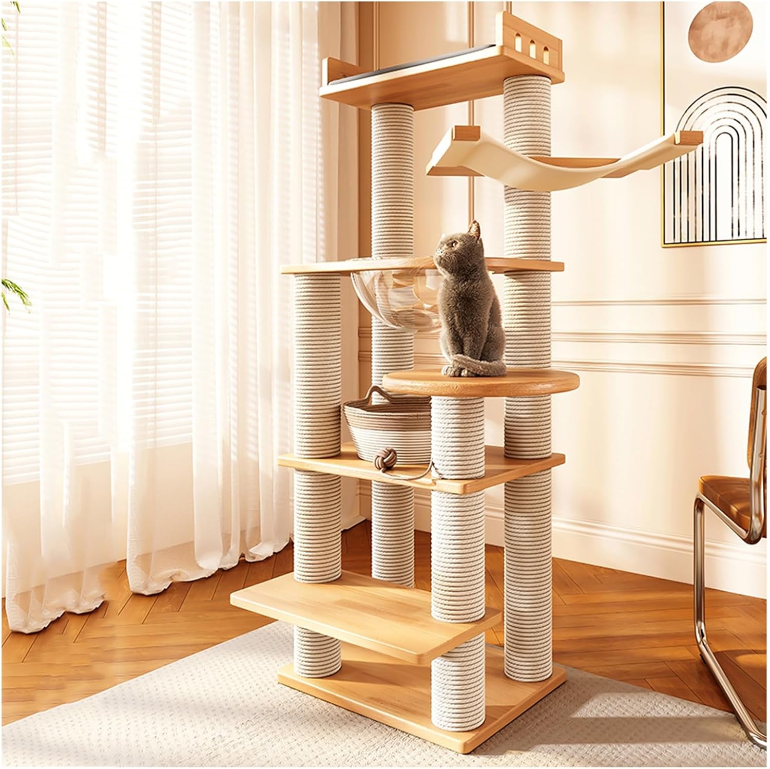 Rubberwood Multi-Platform Cat Tree Thickened Pine Posts with Hammock Enlarged Clear Acrylic Cat-Bowl Viewing Platform
