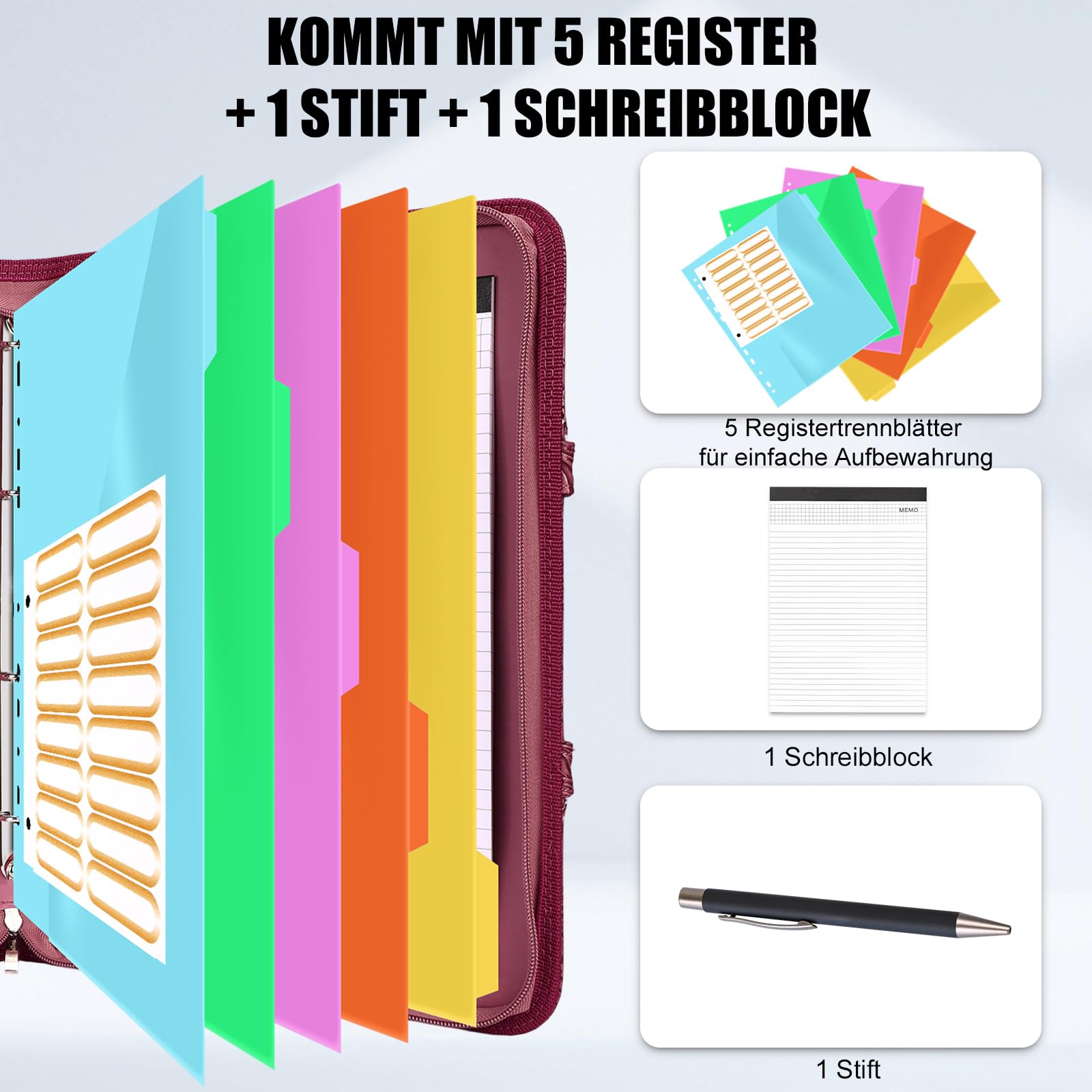 Leathario Schreibmappe A4 mit 5er Register DIN A4，Konferenzmappe mit 4 Ringbuch，Dokumentenmappe mit Reißverschluss，Griff，Klemmbrett,Ordner für Meeting, Business,Mappe für Schule, Uni