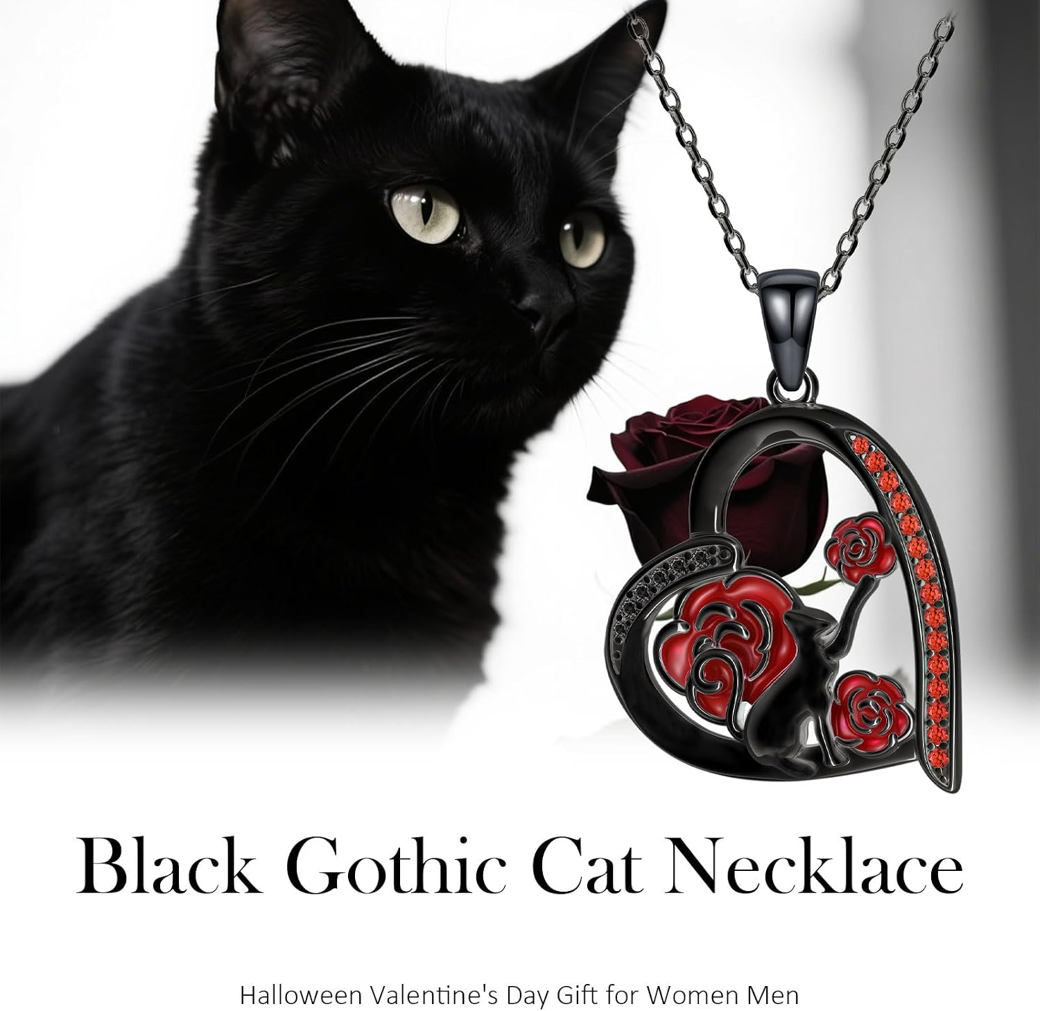 Skeleton Hand Red Rose Necklace 925 Sterling Silver Heart Halloween Pendant Necklace Gothic Jewelry