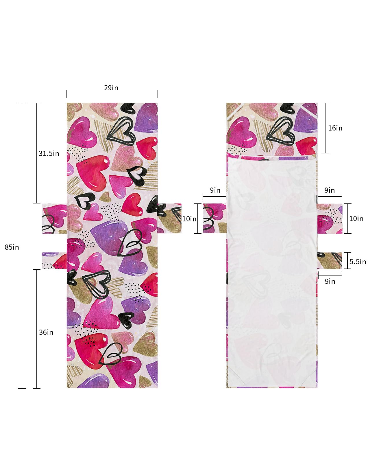 Valentines Love Heart Beach Lounge Chair Towel Cover, Soft Chaise Lounge Towel with Side Pockets Patio Pool Chairs Cover for Beach/Pool Sunbathing 29x85 Watercolor Pink Purple Red Love Heart