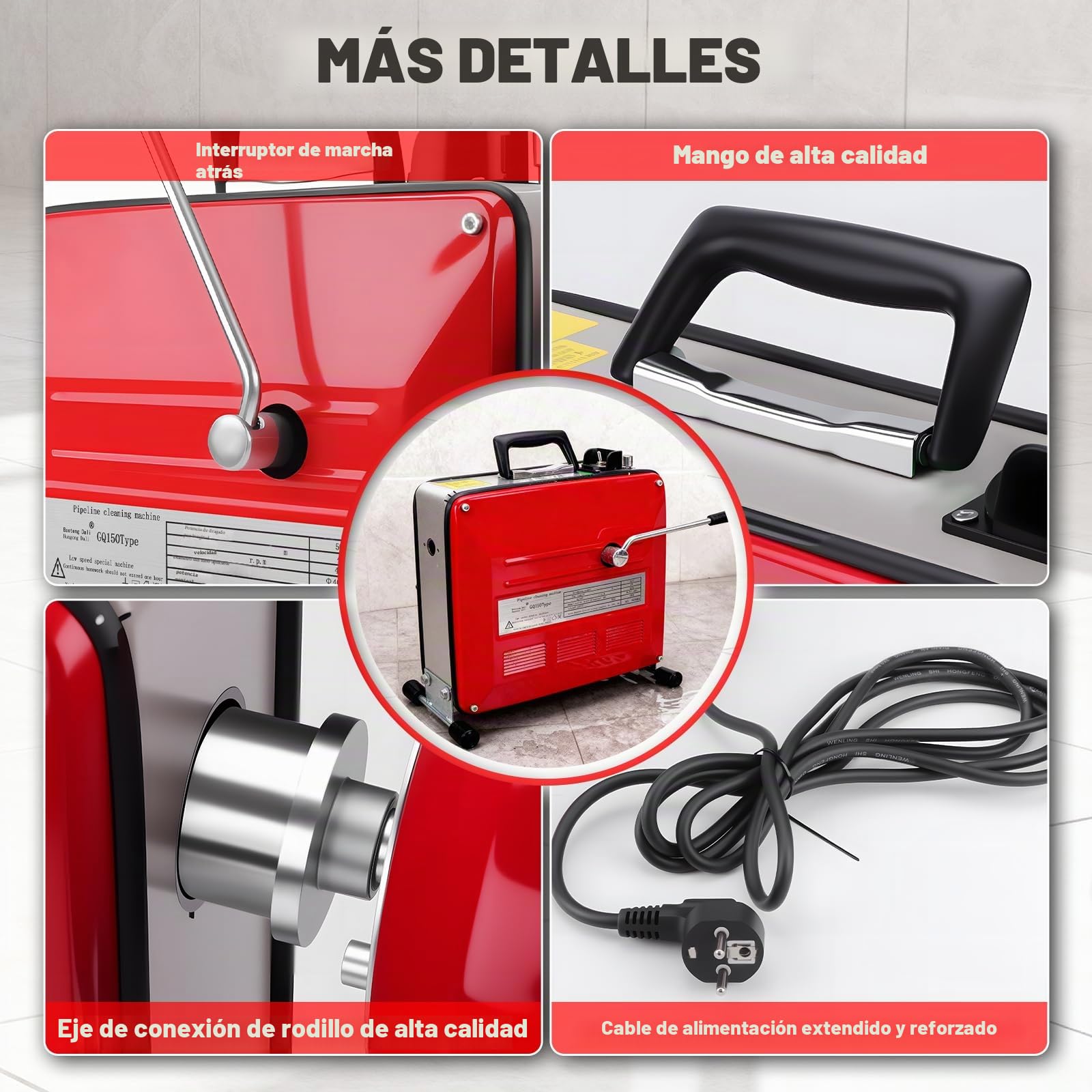 KAOLALI 500W Desatascador de Tuberías Eléctrico, Máquina de Limpieza de Desagües Electrico con 6 Cabezales de Limpieza, para Tuberías de 40 a 110 mm de Diámetro
