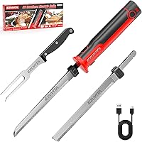 EZUVITA 8V Cordless Electric Carving Knife Set with 2000mAh Battery - Reciprocating Blades for Turkey, Meat, Bread & Cheese (Red/Black)