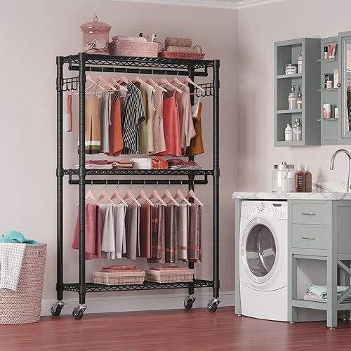 Miniatura 3 de Estante de ropa resistente de 3 niveles de alambre ajustable estante de ropa portátil con varillas dobles y 4 ruedas con bloqueo perchero