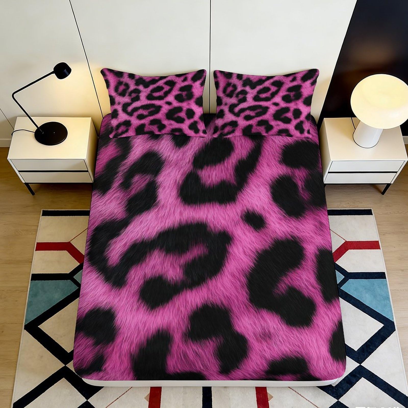 3D Printed Pink Leopard Fitted Sheet Microfiber Soft Durable Black Spots Bed Cover for Bedroom Dormitory Guest Room Mattress Protection 90x200x25cm