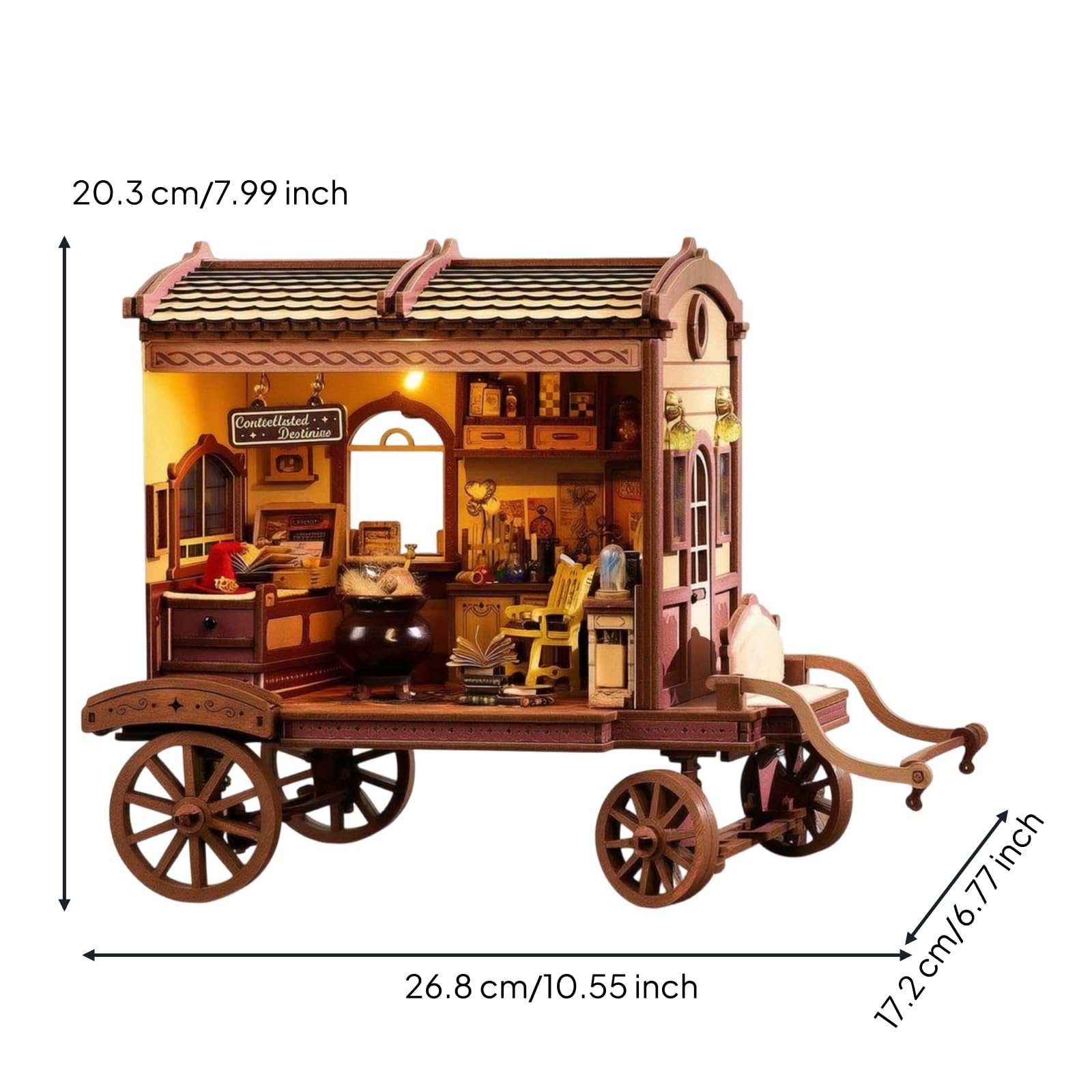 Casa Miniatura in Stile Carrozza con E Interruttore a Sfioramento Kit Fai da Te in Legno E Tessuto LED Integrato Musica Adatta per Mensola Scrivania Decorazione Stanza