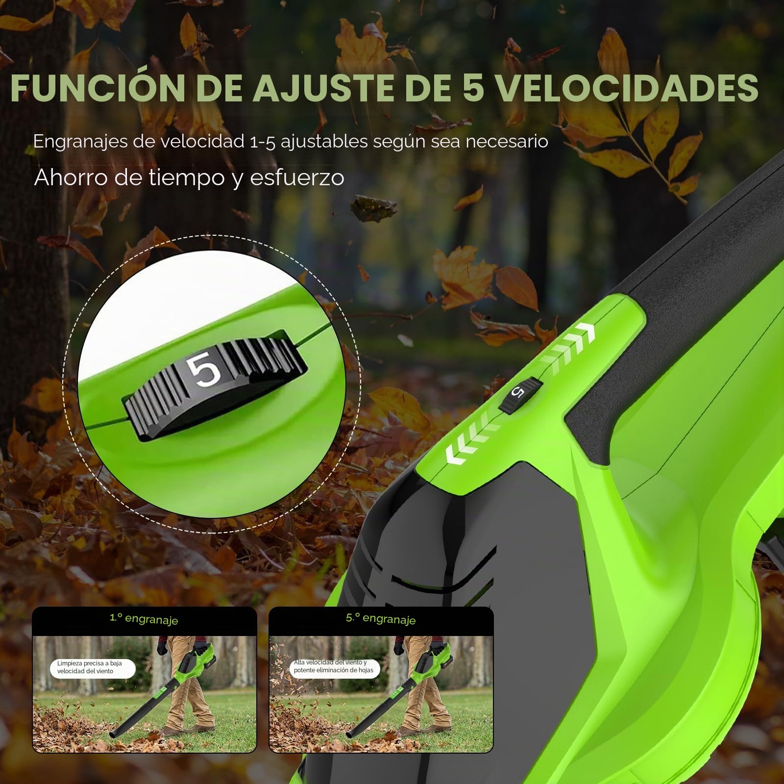 Soplador Aspirador de Hojas con batería de 21 V, Aspirador Hojas Jardin 3000 W, soplador de Hojas Potente de 5 velocidades, soplador de Nieve para jardín y Cuidado del