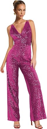 Women's Sequin Jumpsuits V Neck Long Wide Leg Pants Prom Formal Rompers