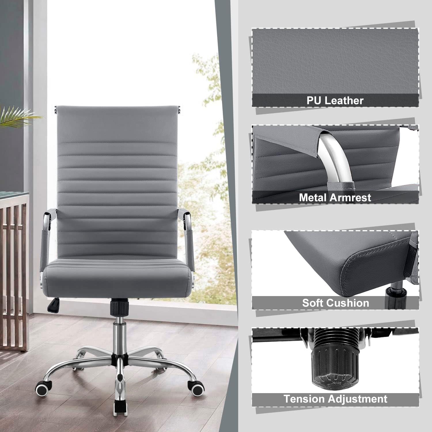 Shahoo Ribbed Office Chair, Mid-Back PU Leather Office Chair Executive Task Chair with 360° Swivel Wheels for Conference Room, Home Offices (Grey)
