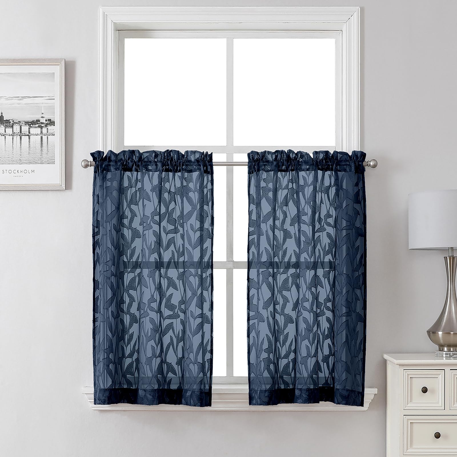 Lecloud Leia Navy Blue Sheer Kitchen Curtains 36 Inch Length 2 Panels, Jacquard Leaf Textured Voile Short Curtains, Dual Rod Pocket Semi Sheer Tiers