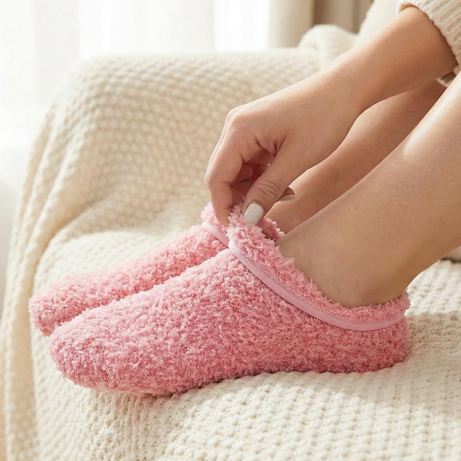 4 Pairs Slipper Socks for Women, Grippers Non Slip Fuzzy Socks with Grip Hospital socks Home Gifts