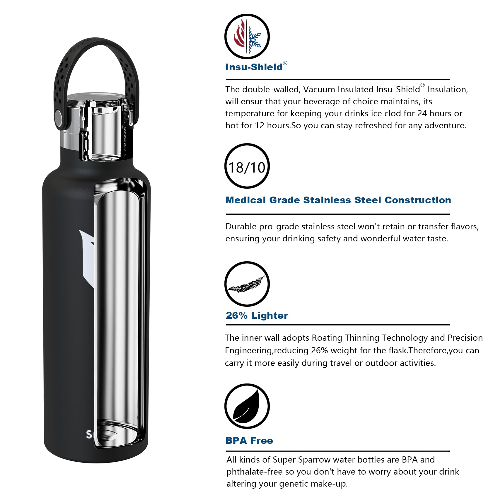 Super Sparrow Borraccia ultraleggera in acciaio inox 18/10-350 ml, 500 ml, 750 ml, borraccia termica in metallo, tappo flessibile standard, senza BPA, per palestra, viaggi, sport