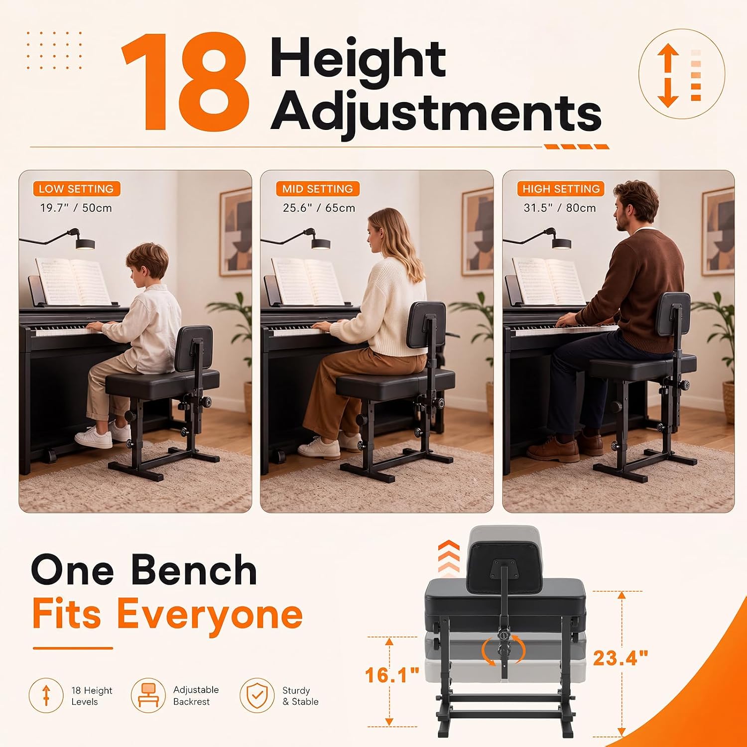 Novabright Extra Wide Duet Piano Bench, Height Adjustable