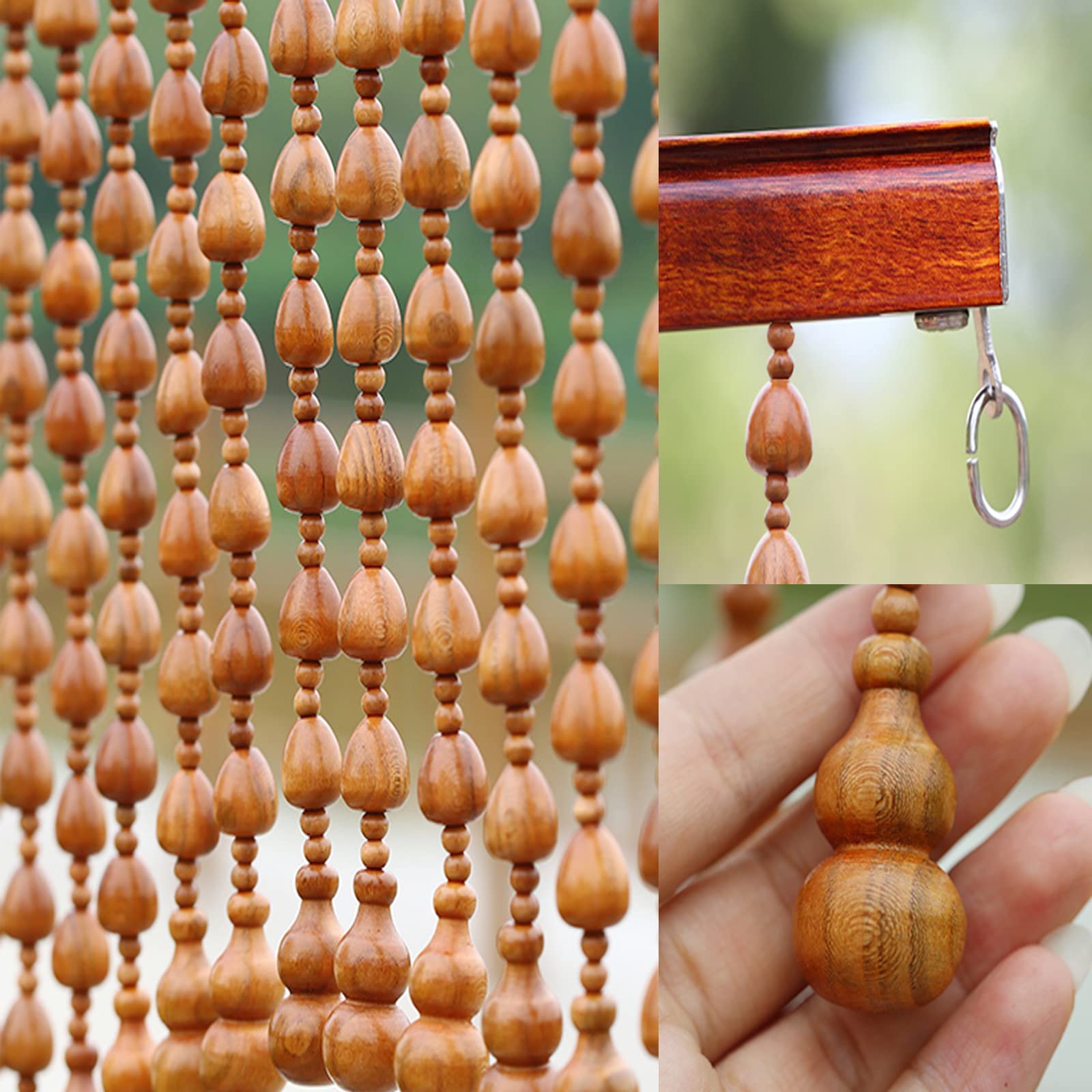 Rideau de Perles en Bois Naturel,Rideau de Porte en Perles de Style Rétro,Rideaux de Placards de Cloisons Faits à La Main,pour Salon,Cuisine,Salle de Bain,Personnalisable (25 Strands-90x210cm)