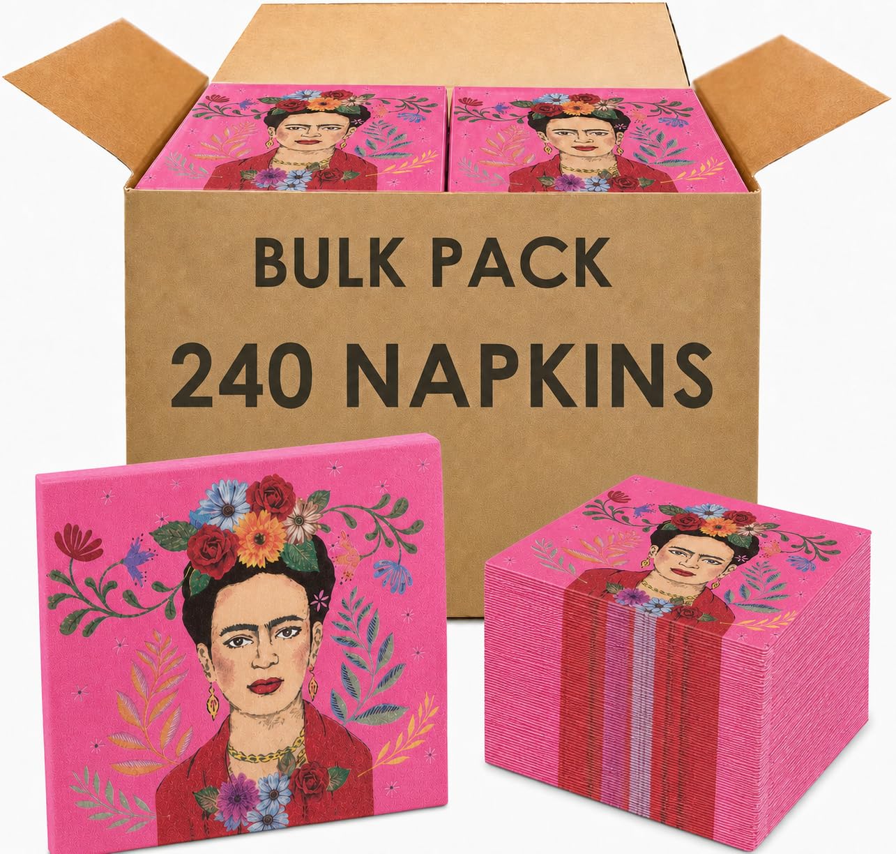 Talking Tables 240 x Frida Kahlo Pink Paper Cocktail Napkins, 25 cm Disposable Serviettes for Mexican Fiesta, Birthday, Boho Summer Party Tableware & Decoupage