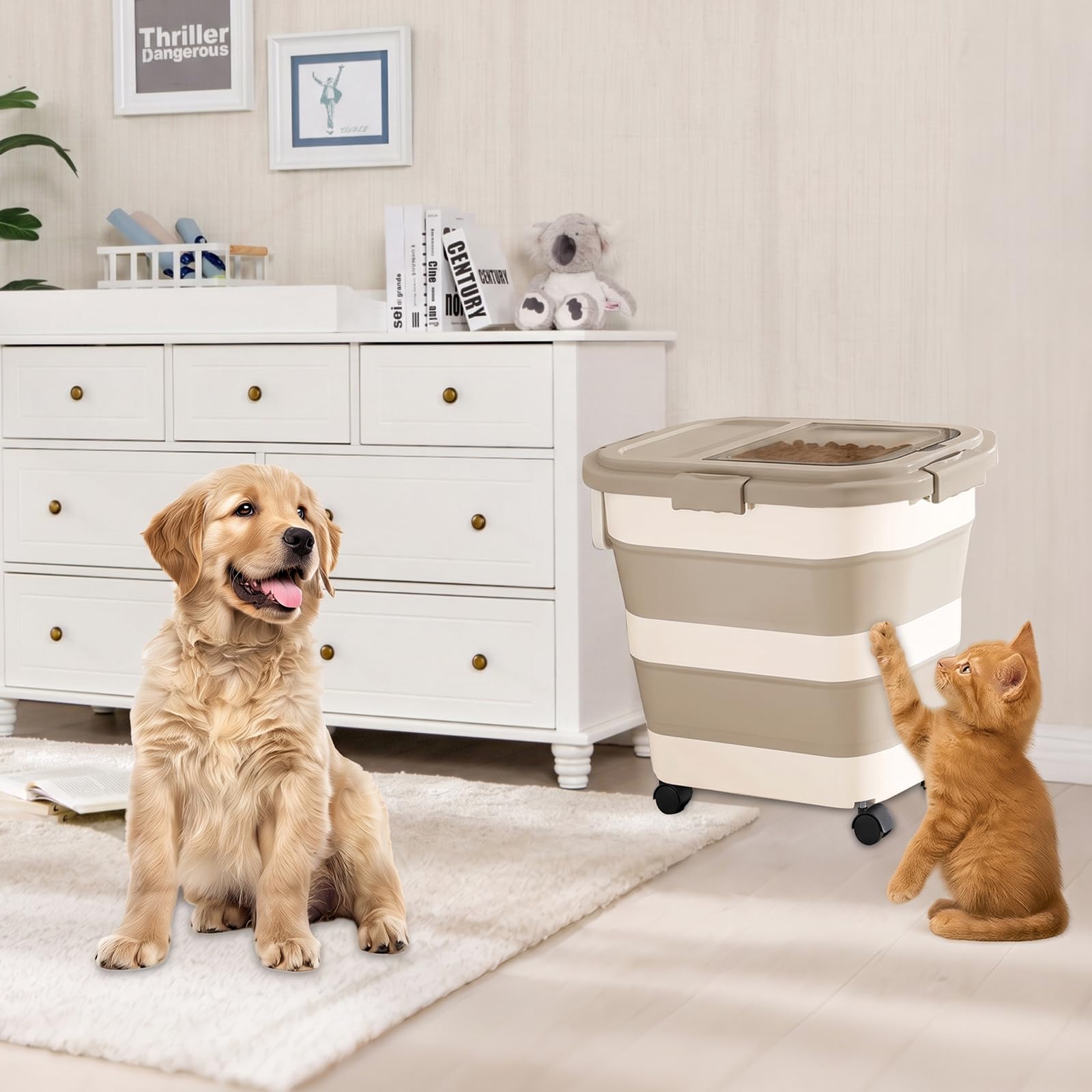 Contenitore per cibo per cani, 10-15 kg, pieghevole, con ruote, contenitore per cibo per cani, contenitore per cibo per animali, cibo secco, per cani e gatti