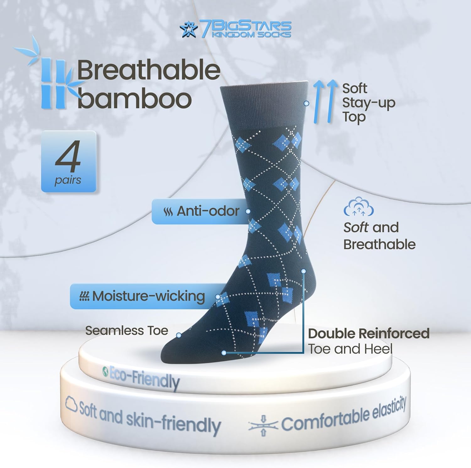 7BigStars Mens Dress Socks – 4 Pack Viscose From Bamboo Crew Fit, Solid or Patterned, Thin Seamless Breathable Business - Image 2