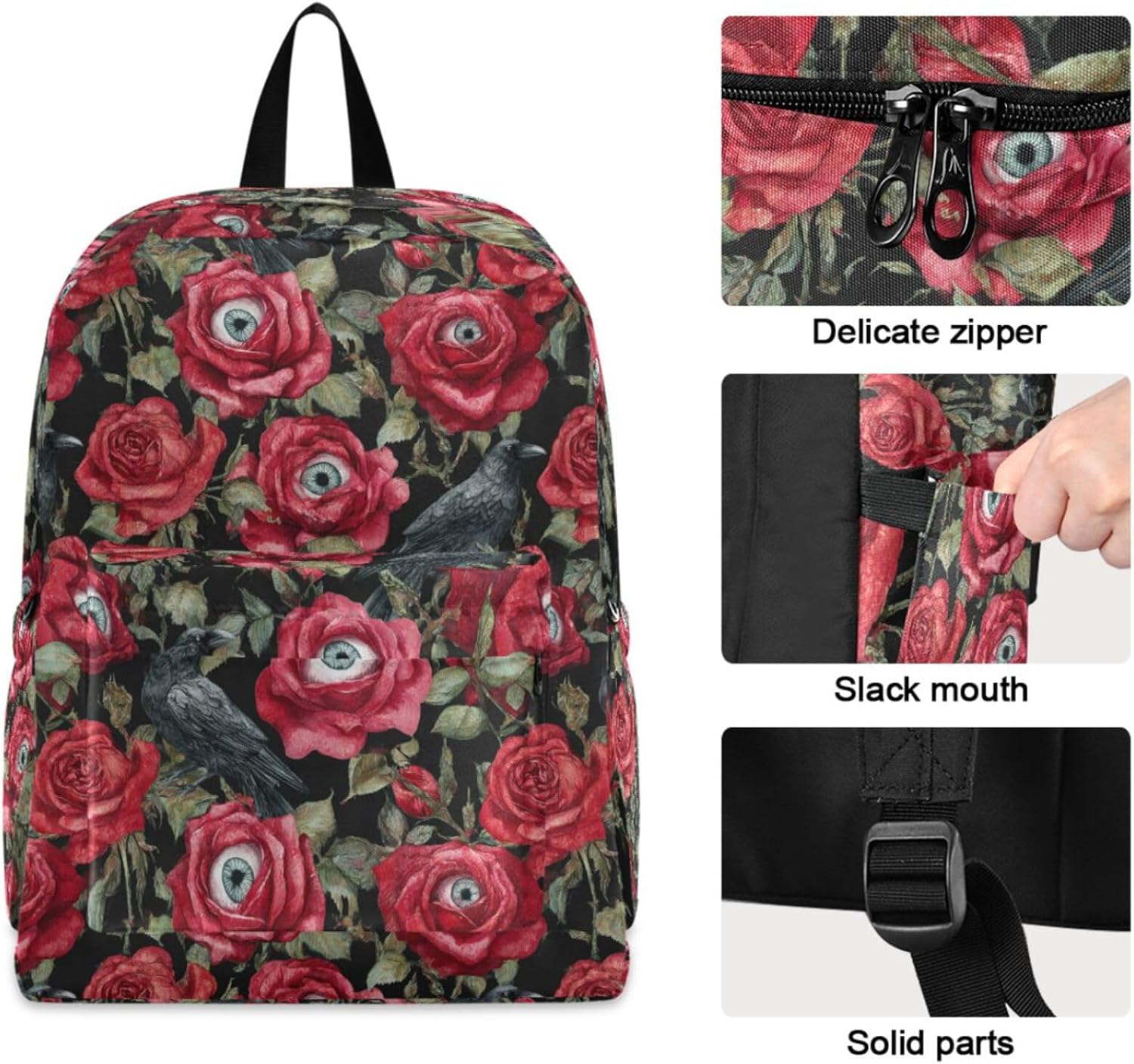 Halloween Red Roses with Eyeballs Crows Big Travel Laptop Backpack Durable Computer Bag Gift for Men Women School Bookbags Work