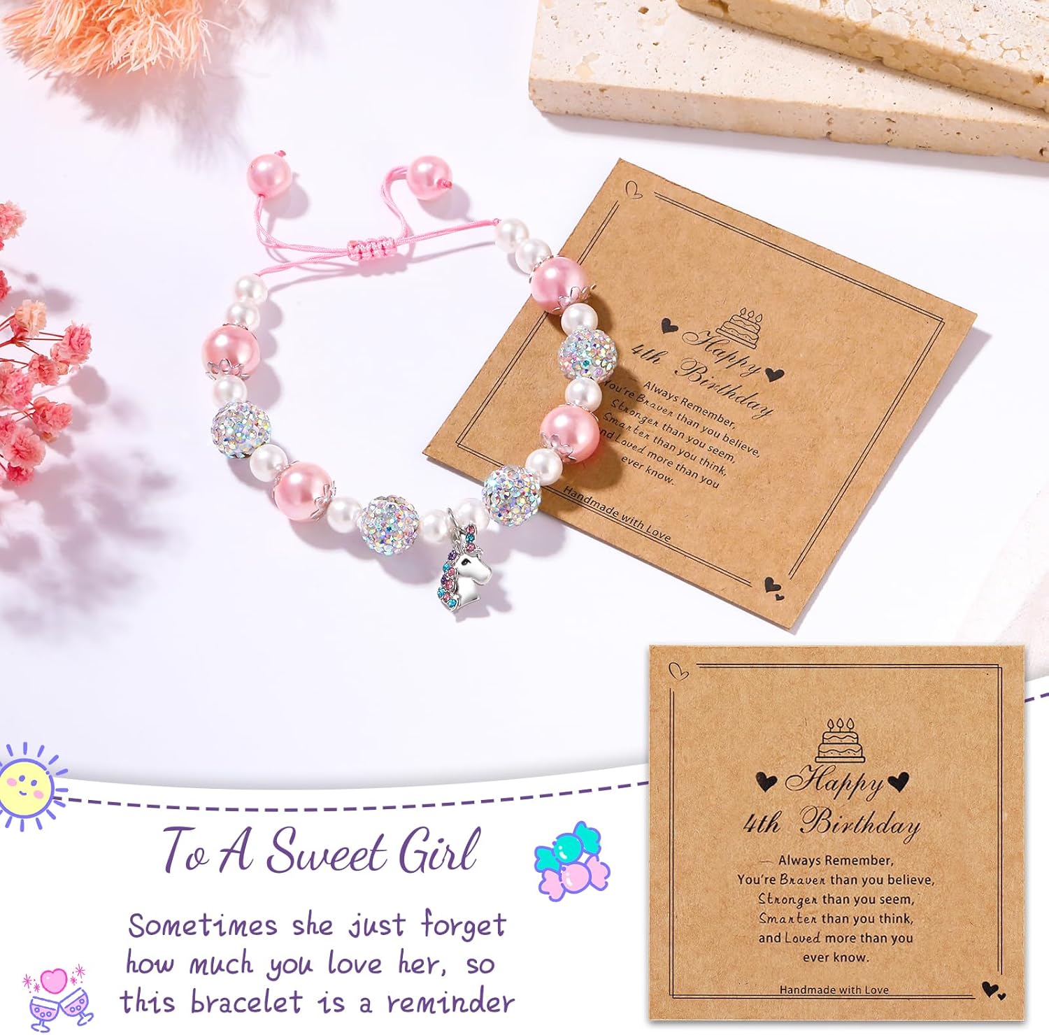 Unicorn Charm Bracelet for Girls - Adjustable Pink Pearl Kids Bracelet for Toddler Girls 4-12 Year Old- Daughter Granddaughter Child's Jewelry Gift for Birthday Christmas gifts - Image 3