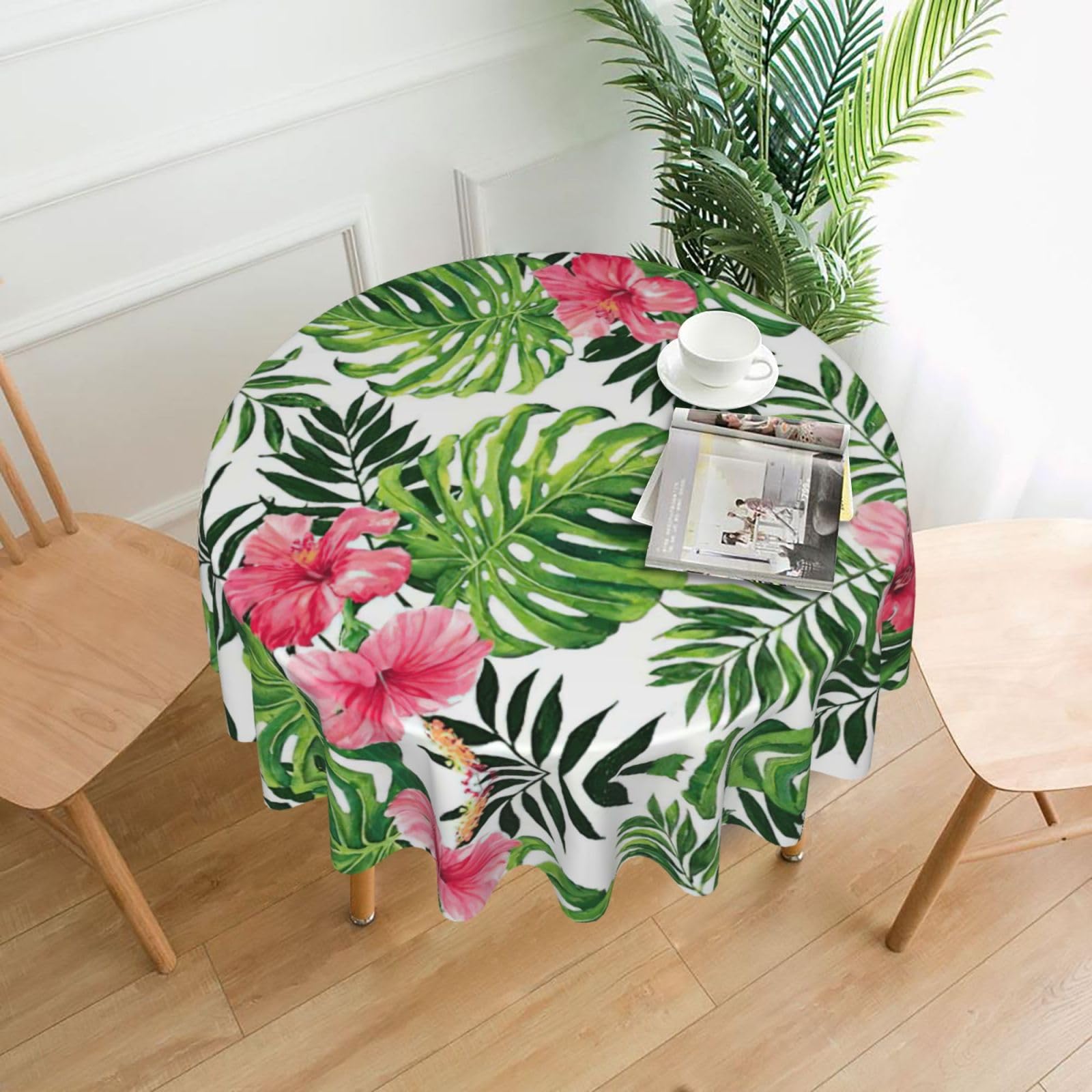 ZHAOUR Tropical Leaves Print Round Washable Tablecloth – Table Cover
