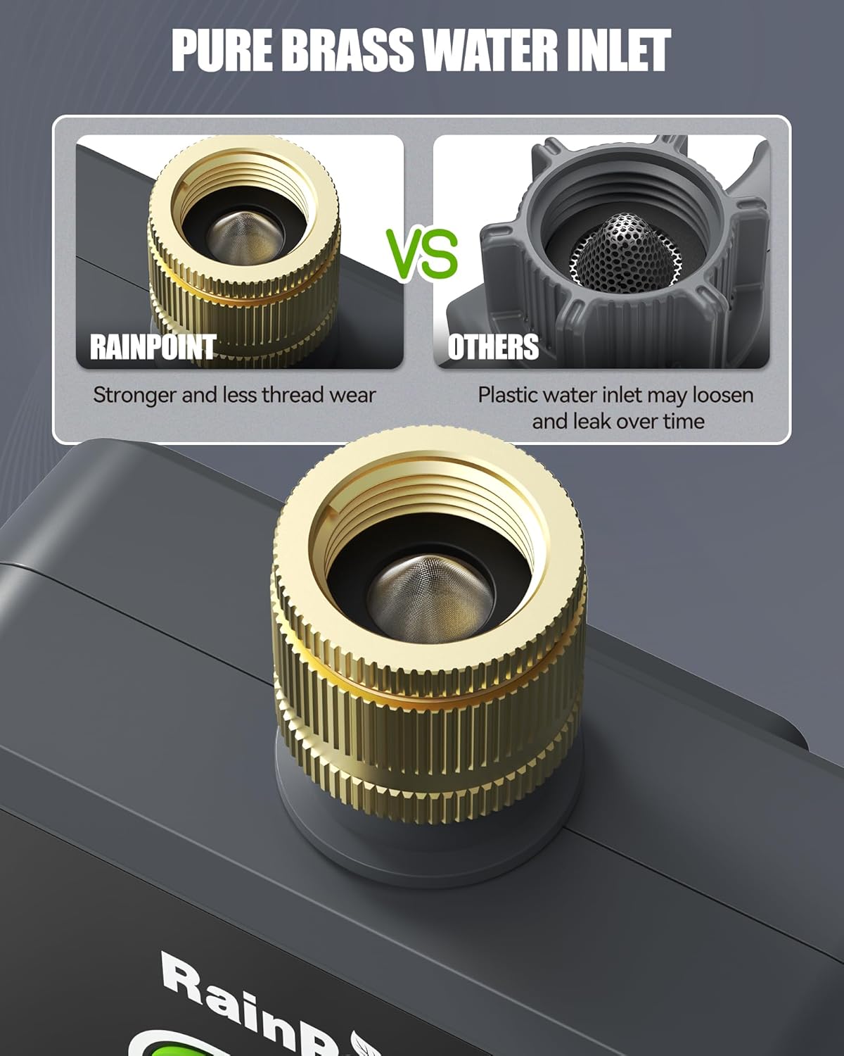 Close-up of the brass water inlet compared to a plastic one