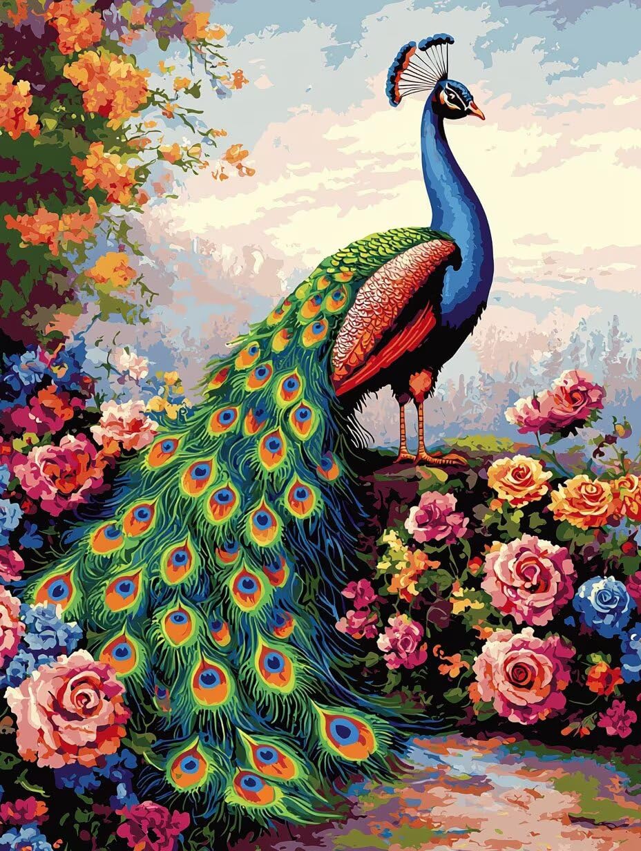 WEISHIWE Pavone animale Dipingere con i Numeri per Adulti, 70x90cm a-188 | Paint by Numbers Kit con Pennelli e Acrilico Pigmento, Fai da te Olio La Pittura di Numeri Kit, Decora la Casa, senza Cornice