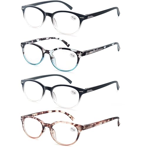 Reading Glasses Women Round Readers Glasses +1.25 for Small Head/Petite Face Cheaters W/Lightweight&Comfortable Fit 4 Pack