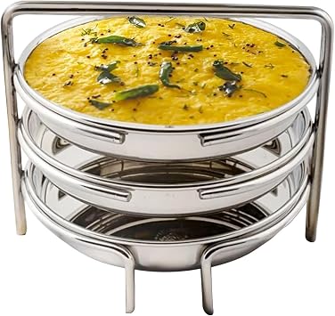 PANCA Stainless Steel Dhokla Maker, Thatte Idli Maker, 3 Big Plates, 16 cm Plates Set With Stand, Fits in all Cookers