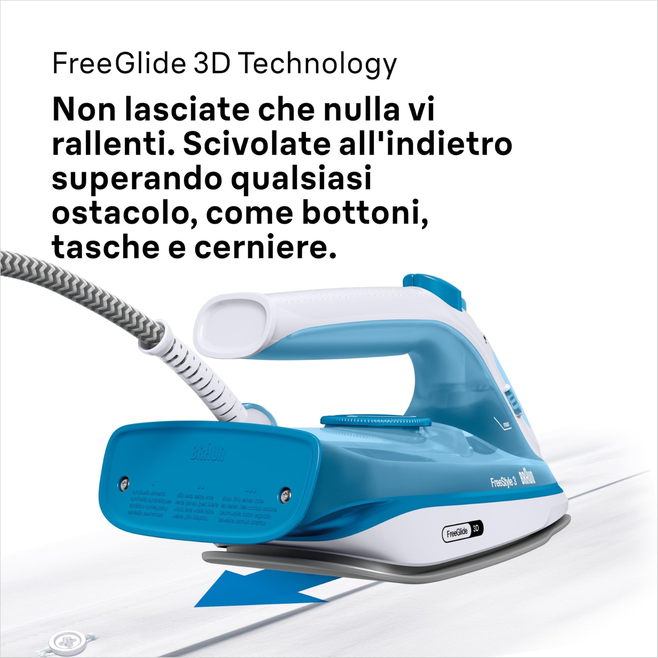 Braun FreeStyle3 FI3144BL Ferro da Stiro con 5 Anni di Assistenza, Risparmio Energetico, Tecnologia FreeGlide 3D, vapore 170g/min, AutoSpegnimento, Serbatoio acqua 270ml, 2400W,manico aperto, Blu