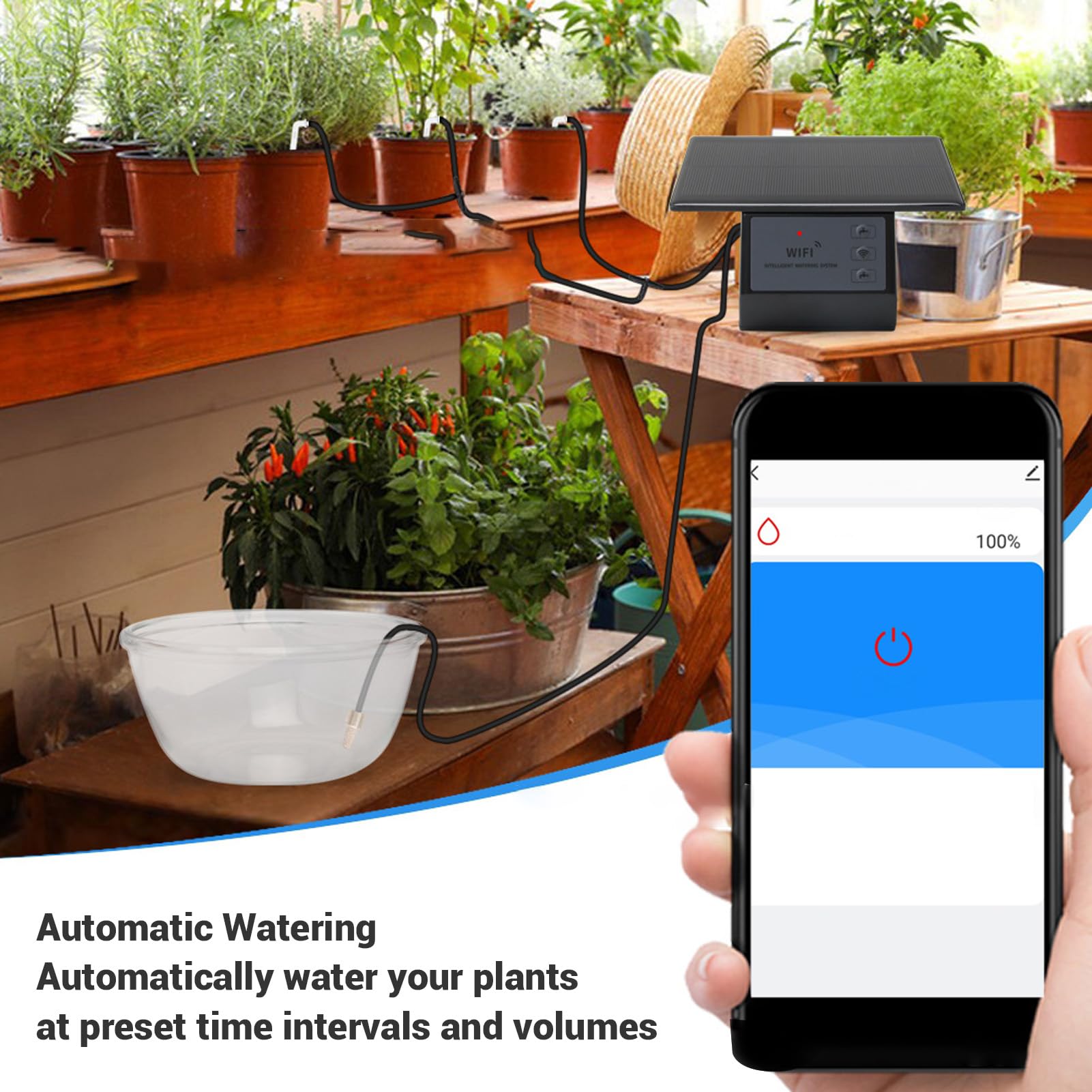 GLOGLOW Tropfbewässerungs-Sets, Bewässerungssystem mit WiFi-App-Steuerung, 10 M Schlauch, 2000 MAh Akku für Zimmerpflanzen, Balkon, Blumen, Kleine Gärten, Solar-Tropfbewässerungs-Set, ABS,