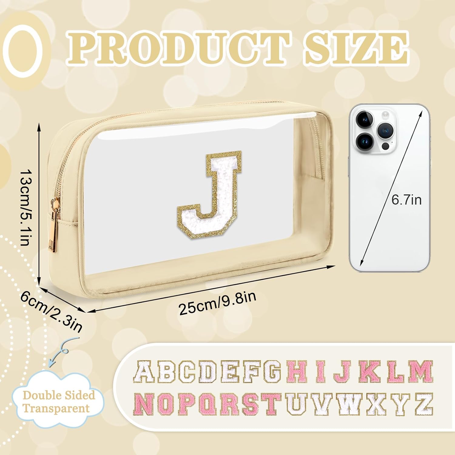 Small Clear Personalized Initial Makeup Bag,Nylon Preppy A-Z Chenille Letter Patch Cosmetic Pouch Beach Toiletry Bag,Waterproof Zipper Travel Purse Storage Bag Organizer for Women Girls(Beige-White J) image 2
