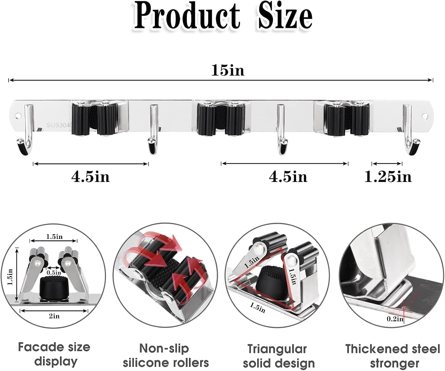 AceMining 3 Racks and 4 Hooks & 2 Racks and 3 Hooks Broom and Mop Holder Wall Mounted Garage Organizer Storage Tool Racks Stainless Steel Heavy Duty Hooks Self Adhesive Solid Non-slip Wall Hangers