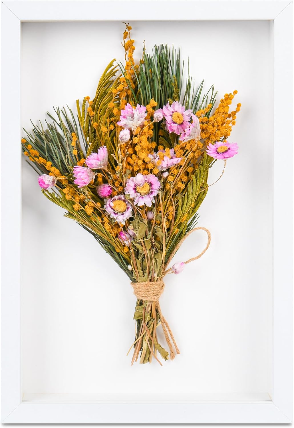 Dried Flowers Bouquet in 12" Frame for Table Decor (Yellow & Pink)
