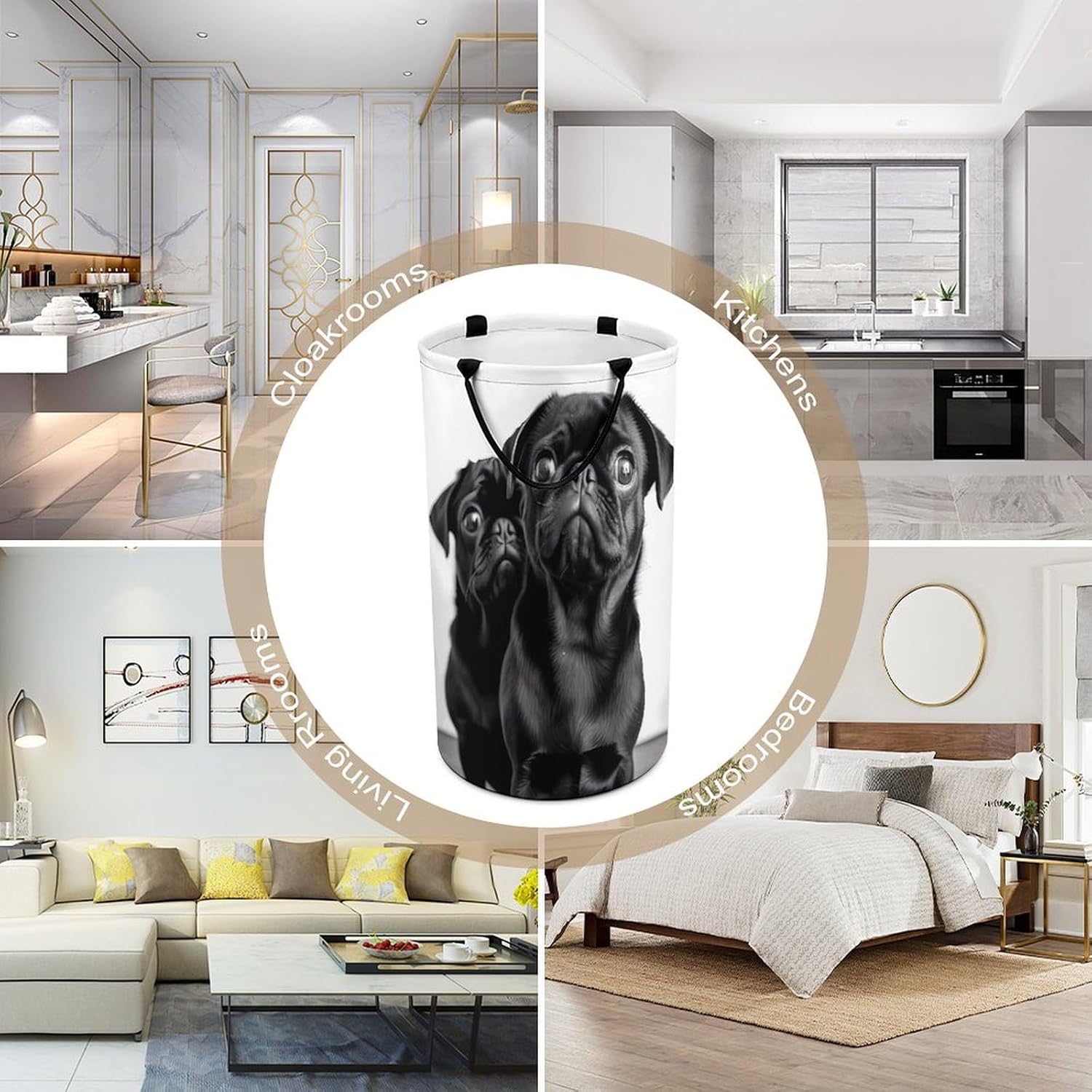 Cute Black Pug Dog Laundry Hamper with Handles Waterproof Collapsible Laundry Basket Large Lightweight Round Dirty Clothes Hamper for Home Dorm Bathroom Decor