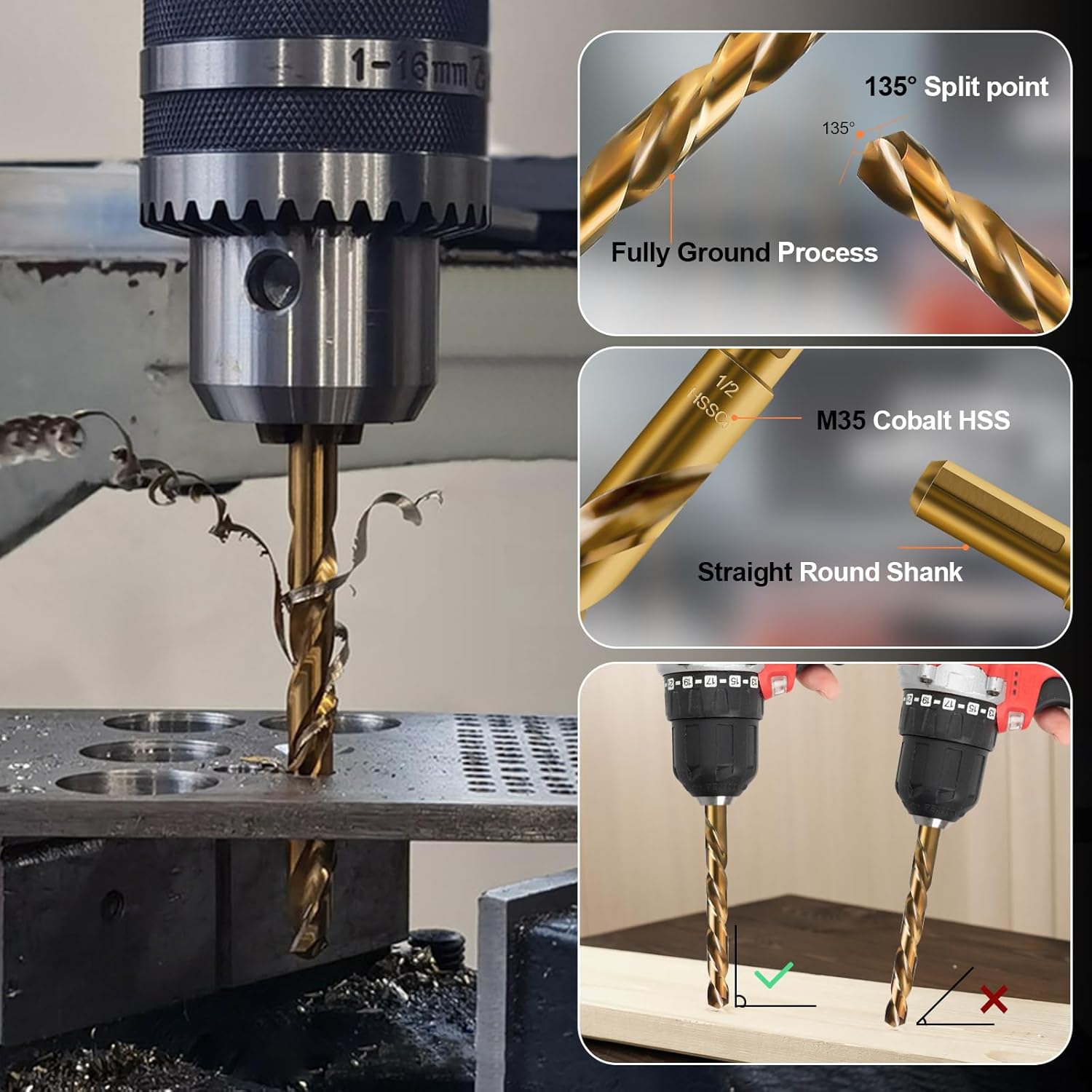 Luckyway 1/2" Cobalt Drill Bit (5 Pcs), Jobber Length Twist Drill Bit Set for Hard Metal, Stainless Steel, Cast Iron, Wood and Plastic, with Storage Case