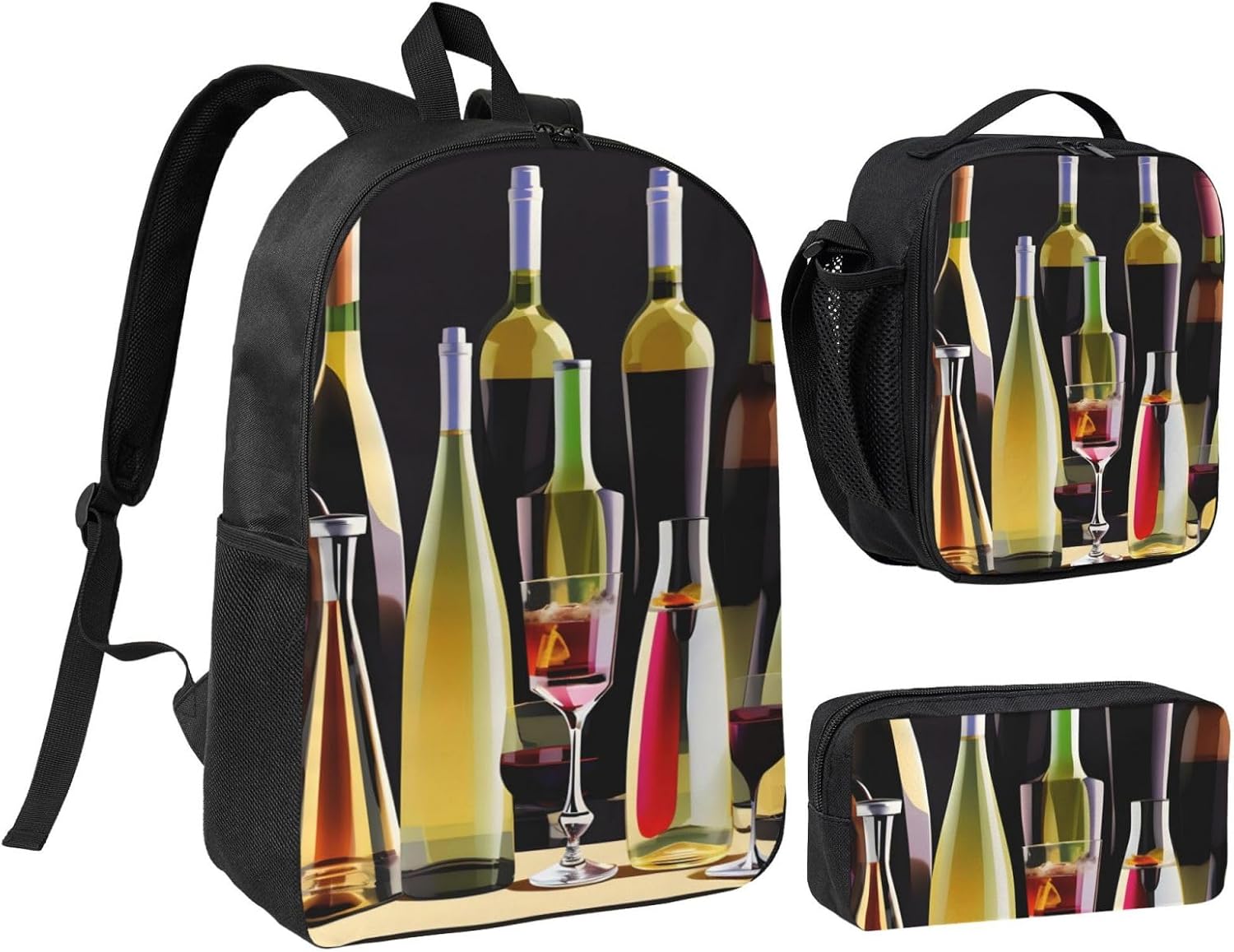 Cocktail Glasses and Wine Bottles print 3 Piece Backpack Bags with Lunch Box Pencil Case Set for Travel Work Camping Unisex